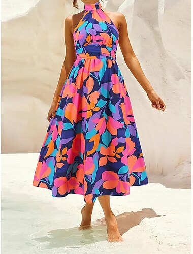  Damen Freizeitkleid Blumenblatt rückenfrei Print Neckholder Midikleid lässig Boho Alltag Urlaub ärmellos Sommer