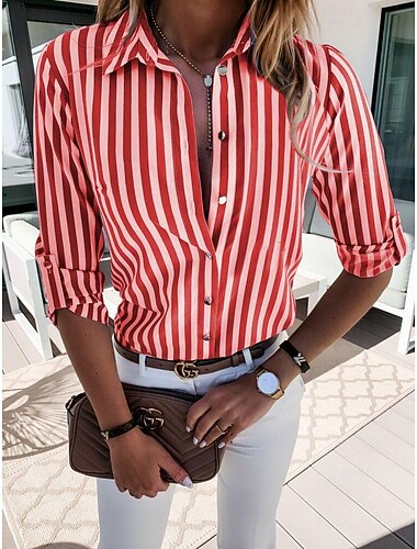  dames overhemd blouse casual gestreept knopen print lange mouw normale tops overhemdkraag dagelijks zwart rood blauw lente&amp;zomer