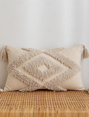  Boho getufteter dekorativer Kissenbezug Rautenform Baumwolle beige Quaste für Zuhause Schlafzimmer Wohnzimmer