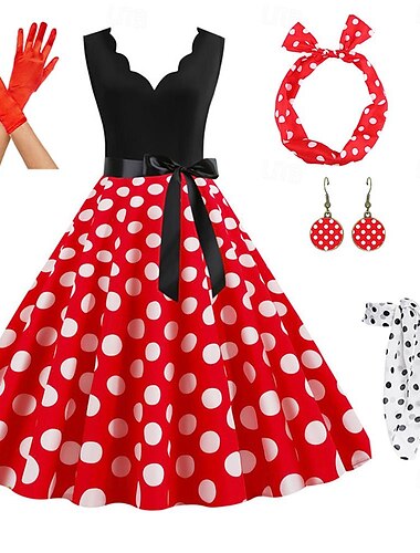  Damen-Rockabilly-Kleid in A-Linie, gepunktet, Swing-Kleid, ausgestelltes Kleid mit Zubehör-Set, 1950er-60er-Jahre, Retro-Vintage-Stil, mit Stirnband, Chiffon-Schal, Ohrringe, Katzenbrille,