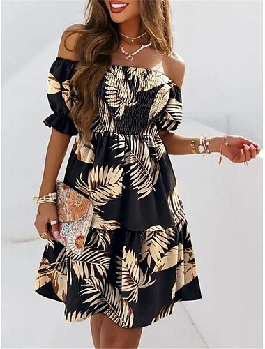  rochie casual dama cu frunze florale imprimeu fara spate rochie mini cu umar dezlegat elegant vacanta de zi cu zi vara cu jumatate maneca vara