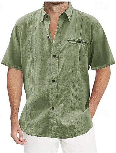  Herren Hemd Baumwoll-Leinenhemd Freizeithemd Einfach Urlaub Lässig Weiß Grün Khaki Kurzarm Revers Sommer Bekleidung Tasche