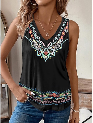  Dames Camisole Tank Top Vintage Etnisch Boho Mouwloos V Hals Reguliere Tops Vakantie Print Zwart Zomer