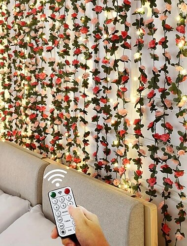  guirlandes de fleurs artificielles roses, 8 modes de télécommande, 9,84 pieds, 30 LED, alimentées par piles, pour mariage, Noël, Saint-Valentin, fête, festival, décoration intérieure et extérieure