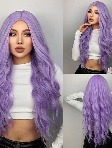 Purple Blonde Rainbow Body Wave Synthetic Wigs For Women 26 Inch Long Curly Hair For Cosplay Girls and Women Halloween Party Or Daily Use Wig