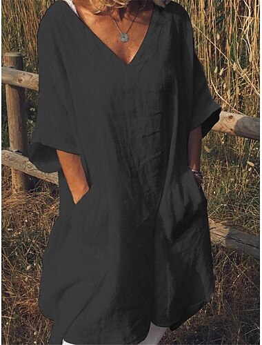  Damen Schwarz Weiß Rote Sommer Frühling Midikleid Leinen-inspirierte Kleider Weißes Kleid Hemdblusenkleid Basic Modern Täglich Wochenende Lässiger Schnitt Einfach V Ausschnitt