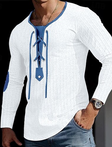 男性用 Tシャツ リブニットTシャツ ティートップ 長袖シャツ カラーブロック カラー ストリート バケーション 長袖 パッチワーク ドローストリング 衣類 ファッション デザイナー ベーシック