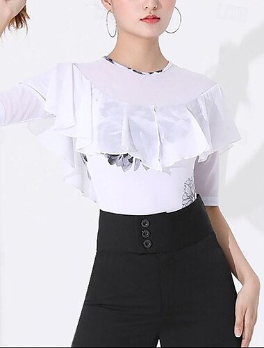  Latinské tance Standardní tance Leotard / Kostýmový overal Potisk Volány Barevně dělené Dámské Výkon Trénink Poloviční rukáv Vysoký Polyester