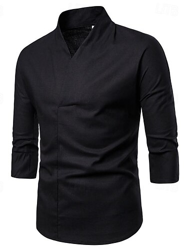  Herren Hemd Hemd aus Baumwollleinen Lässiges Hemd Glatt Casual Täglich Schwarz Weiß Marineblau Langarm V Ausschnitt Sommer Bekleidung