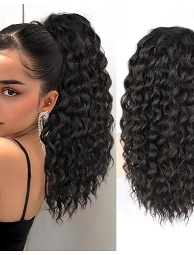  Lockige Pferdeschwanzverlängerung, Pferdeschwanz mit Kordelzug für schwarze Frauen, natürliche schwarze, lockige Clip-in-Haarverlängerungen, 18-Zoll-Pferdeschwanzverlängerung, synthetisches Haarteil