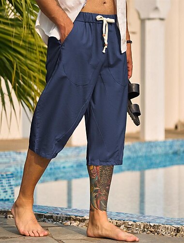  Herren Caprihose Leinenshorts Sommershorts Strandshorts Haremshose Tasche Kordelzug Elastischer Bund Einfach Komfort Atmungsaktiv Wadenlang Urlaub Ferien Strand Hawaiianisch Boho Schwarz Weiß