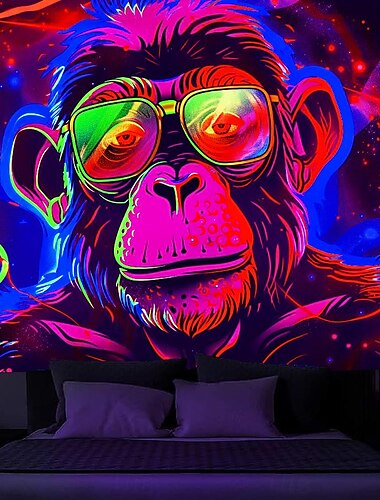  Schwarzlicht-Wandteppich, UV-reaktiv, im Dunkeln leuchtend, Glow Party, Neon-Schimpansen, psychedelisch, trippig, neblig, Wandteppich zum Aufhängen, Wandkunst, Wandbild fürs Wohnzimmer