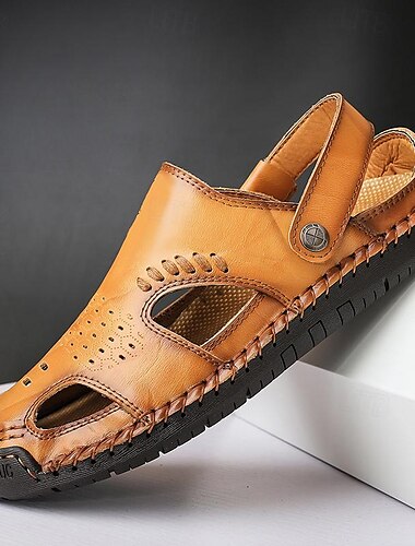  Herren Sandalen Handgefertigte Schuhe Mikrofaser Atmungsaktiv Bequem Rutschfest Schnalle Gelbbraun Schwarz