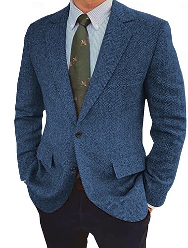  Herren Tweed Fischgrät Blazer Retro Vintage Jacke Winter Regular Übergröße Einreihig Zwei Knöpfe Braun Schwarz Blau