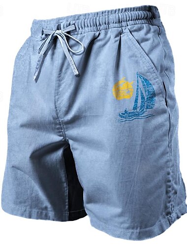  Kokosnussbaum Herren Shorts aus Baumwolle und Leinen, Sommershorts, Hawaii-Shorts, Strandshorts, bedruckt, Kordelzug, elastische Taille, atmungsaktiv, weich, 20 % Leinen, Shorts, lässig, Alltag,