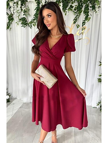  Damen schwarzes kleid Midikleid Rüschensaum Party Elegant V Ausschnitt Kurzarm Puffärmel Schwarz Rosa Rote Farbe