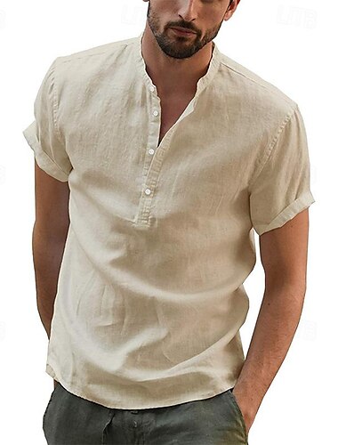  Herren Hemd leinenhemd Hemd mit chinesischem Kragen Hemd mit Stehkragen Popover-Hemd Freizeithemd Einfach Urlaub Straße Weiß Marineblau Khaki Kurzarm Stehkragen Sommer Bekleidung