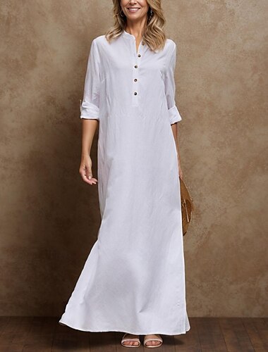  Mujer Vestido blanco vestido largo vestido largo Botón Separado Cita Ropa de calle Maxi Cuello Barco Manga Larga Blanco Color