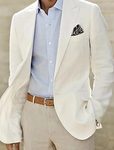  Blazer de lino para hombres abrigo deportivo moda casual de verano color sólido blanco ajuste entallado de un solo botón