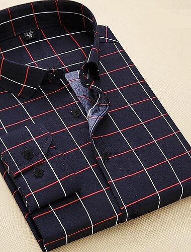  Herren Kleidhemd Kariert / Gestreift / Zickzack / Rund Hochzeit Wochenende Weiß Marineblau Blau Leicht Blau Langarm Quadrathals Frühling & Herbst Bekleidung