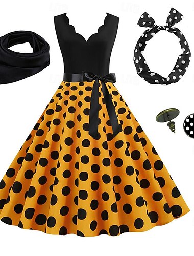  Damen-Rockabilly-Kleid in A-Linie, gepunktet, Swing-Kleid, ausgestelltes Kleid mit Zubehör-Set, 1950er-60er-Jahre, Retro-Vintage-Stil, mit Stirnband, Schal, Ohrringen, Katzenaugenbrille, 5 Stück für
