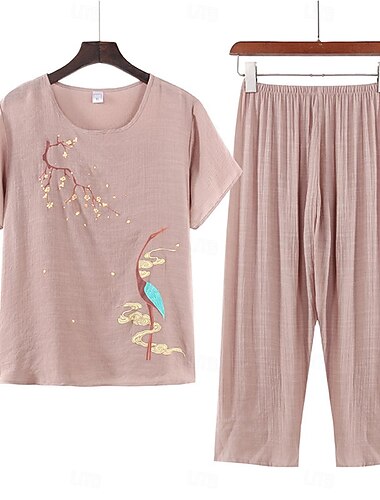  Damen-Pyjama-Sets mit Blumenmuster, modisch, bequem, für zu Hause, für das tägliche Bett, Baumwolle und Leinen, atmungsaktiv, Rundhalsausschnitt, kurzärmliges T-Shirt, Shorts, elastische Taille,
