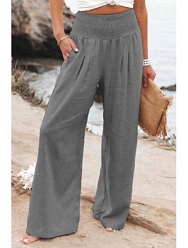  Damen Hose aus Baumwollleinen Weites Bein Hose Mode Lässig Lounge Volle Länge Hohe Taille Baggy Mikroelastisch Urlaub Täglich Apfel Grün Schwarz Weiß Dunkelmarine Herbst