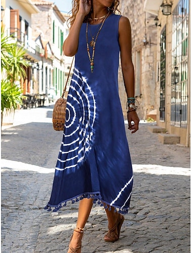 robe midi femme bohème sans manches col rond tie-dye détail frange plage décontracté bleu blanc taille unique été mode vêtements vêtements