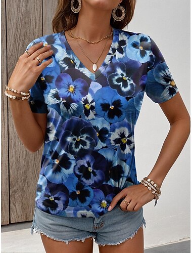  Damen T Shirt Blumen Modisch Kurzarm V Ausschnitt Normale Oberteile Täglich Bedruckt Marineblau Blau Purpur Sommer