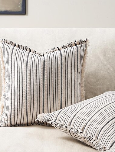  Fundas de almohada para sofá moderno de granja con borlas, fundas de almohada a rayas de lino y algodón con textura bohemia para salón y dormitorio