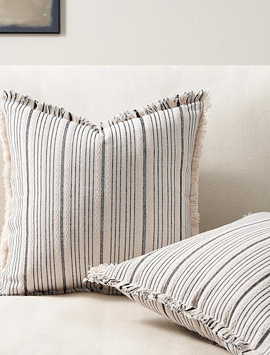  Throw Pillow Covers Modern Farmhouse Couch with Tassels, Boho Textured Cotton Linen Striped Pillowcases for Livingroom Bedroom