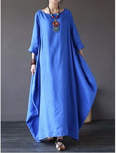  Damen Maxikleid Kunstbaumwollleinen Hemdblusenkleid Weißes Kleid Lässig Täglich Wochenende Lässiger Schnitt Einfach Dreiviertelarm Rundhalsausschnitt Blau Schwarz Weiß Rote Sommer Frühling