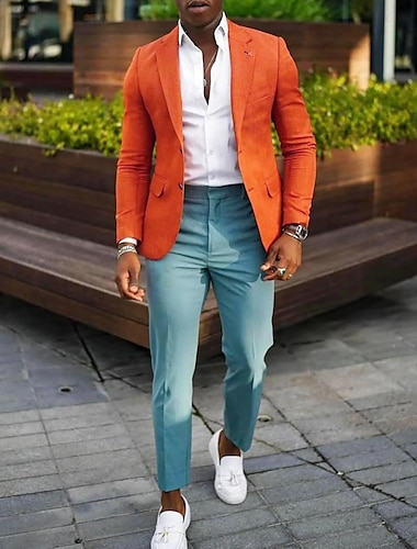  Мужской модный повседневный пиджак больших размеров, классический однотонный однобортный пиджак с двумя пуговицами, оранжевый 2024