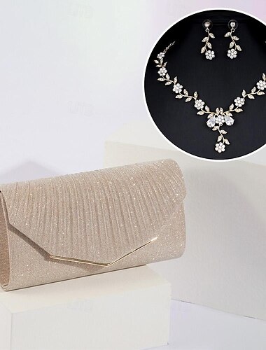  Damen-Abendtasche, Clutch-Taschen aus Polyester, für den Abend, Braut, Hochzeit, Party, mit Kette in einfarbigem Silber, Schwarz, Champagner