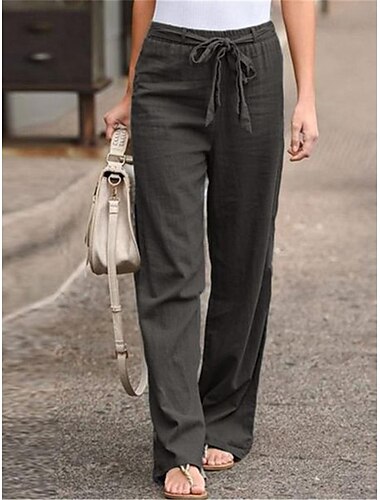  Damen Weites Bein Hose aus Baumwollleinen Hosen Hose Streetwear Lässig Lang Hohe Taille Einfach Tasche Hoher Schnitt Atmungsaktivität Weich Mikroelastisch Urlaub Straße Alltagskleidung Schwarz Wei