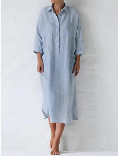 Dames Halflange jurk Shirtjurk Witte jurk Jurken van katoen en linnen Linnen Jurk Casual Dagelijks Ruim Passend Effen Lange mouw Overhemdkraag blauw Wit Paars Zomer Lente