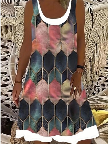  Damen Übergröße Kurve Tank-Top Kleid Graphic Midikleid Ärmellos U-Ausschnitt afrikanisch Täglich Hellgelb Dunkelviolett Sommer XL 2XL 3XL 4XL 5XL