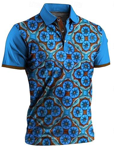  בגדי ריקוד גברים שבטי חולצות פולו חולצת גולף שרוולים קצרים חולצות פולו חולצות עם צווארון וינטאג' יום יומי בגדי נופש תלבושות למסיבה כפתורים הדפסת תלת מימד קיץ צהוב פול כתום