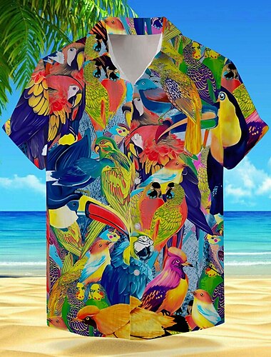  Herren Tier Vogel Pflanzen Hemd Hawaiihemd Sommerhemd Aloha-Shirt Kurzarm Hemd Umlegekragen Urlaub Hawaiianisch Outdoor Urlaub Hawaiianisch Gelb Blau Braun S M L