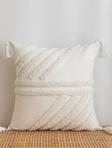  boho getufte decoratieve kussensloop witte streep katoen beige kwastje voor thuis slaapkamer woonkamer