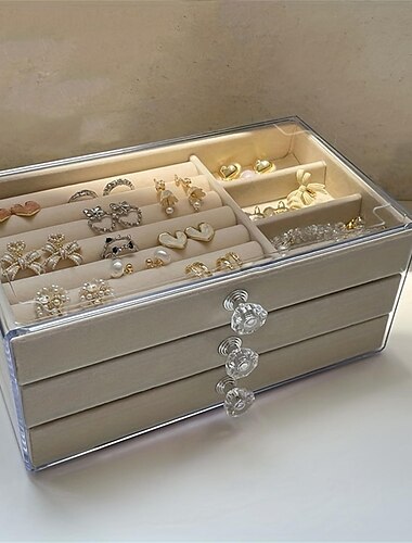  Caja de almacenamiento de joyas de acrílico transparente de tres capas: vitrina multifuncional para anillos, collares, pulseras, ideal para almacenamiento y exhibición de joyas de escritorio.