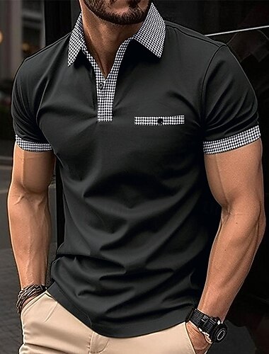  Voor heren Golfshirt Golf Polo's Shirts Casual Werk Revers Korte mouw Basic Modern Kleurenblok Pied-de-poule Lapwerk Lente zomer Normale pasvorm Wit Marineblauw Grijs Golfshirt
