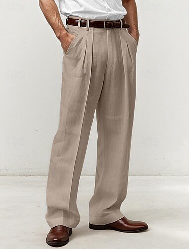  Bărbați Pantaloni de in Pantaloni Pantaloni de vară Buzunar frontal Pliuri Picior drept Simplu Confort Respirabil Casual Zilnic Concediu Modă De Bază Negru Alb