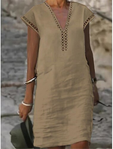  Damen Weiß Gelb Grün Sommer Frühling Midikleid Leinen-inspirierte Kleider Weißes Kleid Weißes Baumwollkleid Lässig Urlaub Lässiger Schnitt Einfach V Ausschnitt