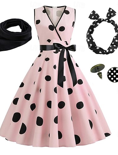  Damen-Rockabilly-Kleid in A-Linie, gepunktet, Swing-Kleid, ausgestelltes Kleid mit Zubehör-Set, 1950er-60er-Jahre, Retro-Vintage-Stil, mit Stirnband, Schal, Ohrringen, Katzenaugenbrille, 5 Stück für