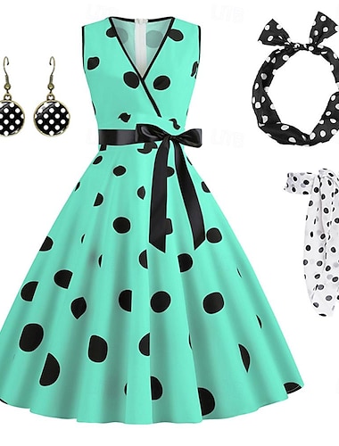  Damen A-Linie Rockabilly-Kleid Polka Dots Swing-Kleid Schlagkleid mit Zubehör-Set 1950er 60er Jahre Retro Vintage mit Stirnband Chiffon-Schal Ohrringe Katzenbrille Sonnenbrille 6-tlg