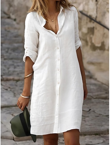  Γυναικεία Λευκό φόρεμα Φόρεμα από λινό Φόρεμα πουκαμίσα Μίνι φόρεμα Κουμπί Βασικό Καθημερινά Κολάρο Πουκαμίσου 3/4 Μήκος Μανικιού Καλοκαίρι Άνοιξη Μαύρο Λευκό Σκέτο