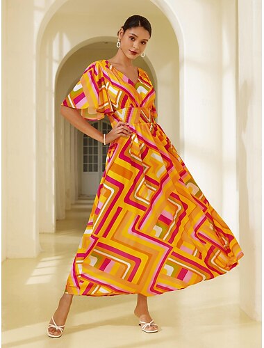  Femme Robe de Mousseline Robe Maxi Orange Manche Courte Géométrique Imprimé Printemps été Col V Robe Motif S M L
