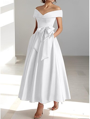  A-Linie Cocktailkleider Elegantes Kleid Hochzeitsgast Kentucky Derby Tee-Länge Kurzärmel Off-Shoulder Tasche Satin mit Schleife(n) Derby Kleider 2025