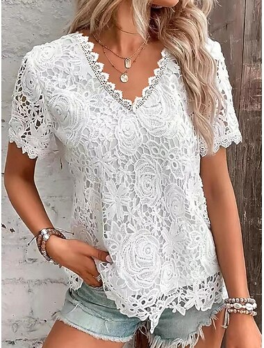  Shirt Blouse Women's Black White Pink Plain Lace Street Daily Fashion Round Neck Regular Fit S